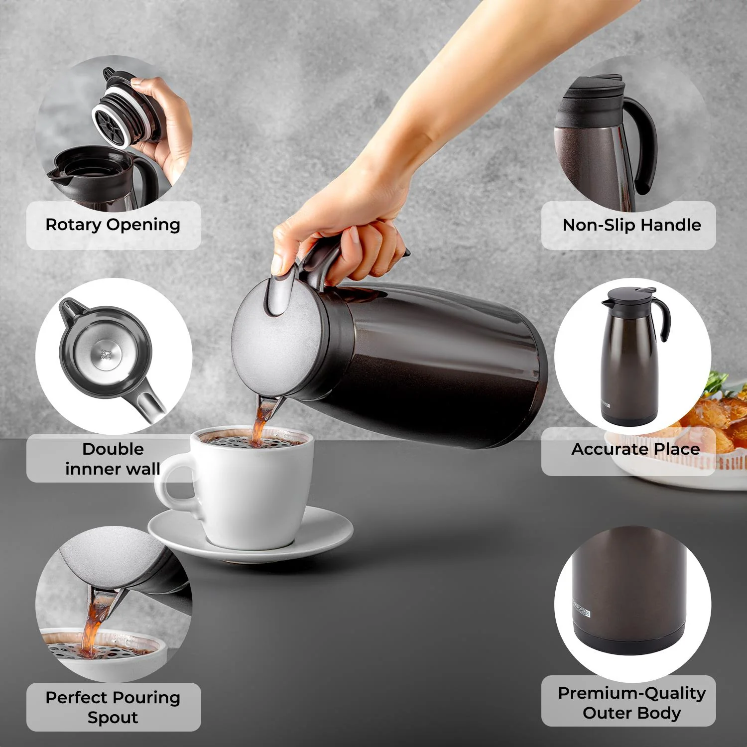 1.5L Brown Double Walled Stainless Steel Thermal Carafe Pot - Image 2