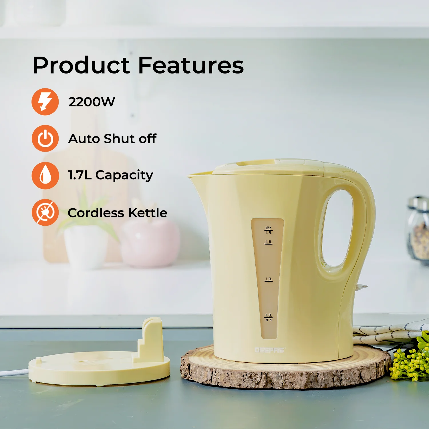 1.7L Fast-Boil Cordless Beige Electric Kettle - Image 2