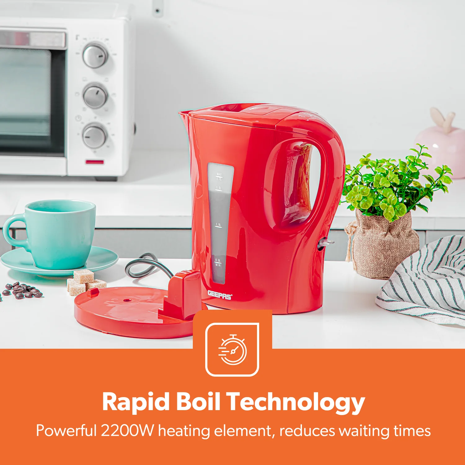 1.7L Red Cordless Electric Rapid-Boil Kettle 2200W - Image 5