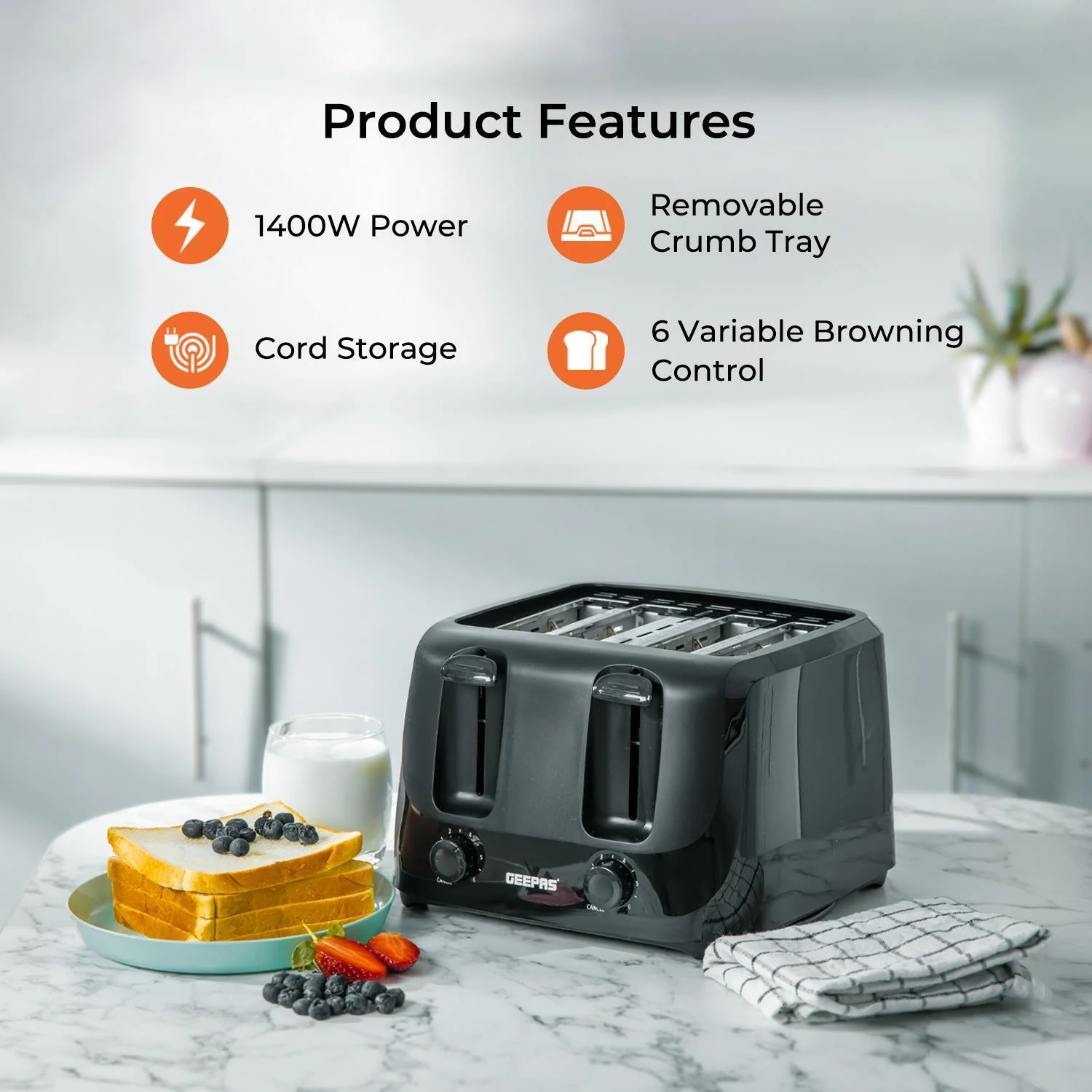 1.8L Black LED Glass Kettle and Four-Slice Toaster Set - Image 3