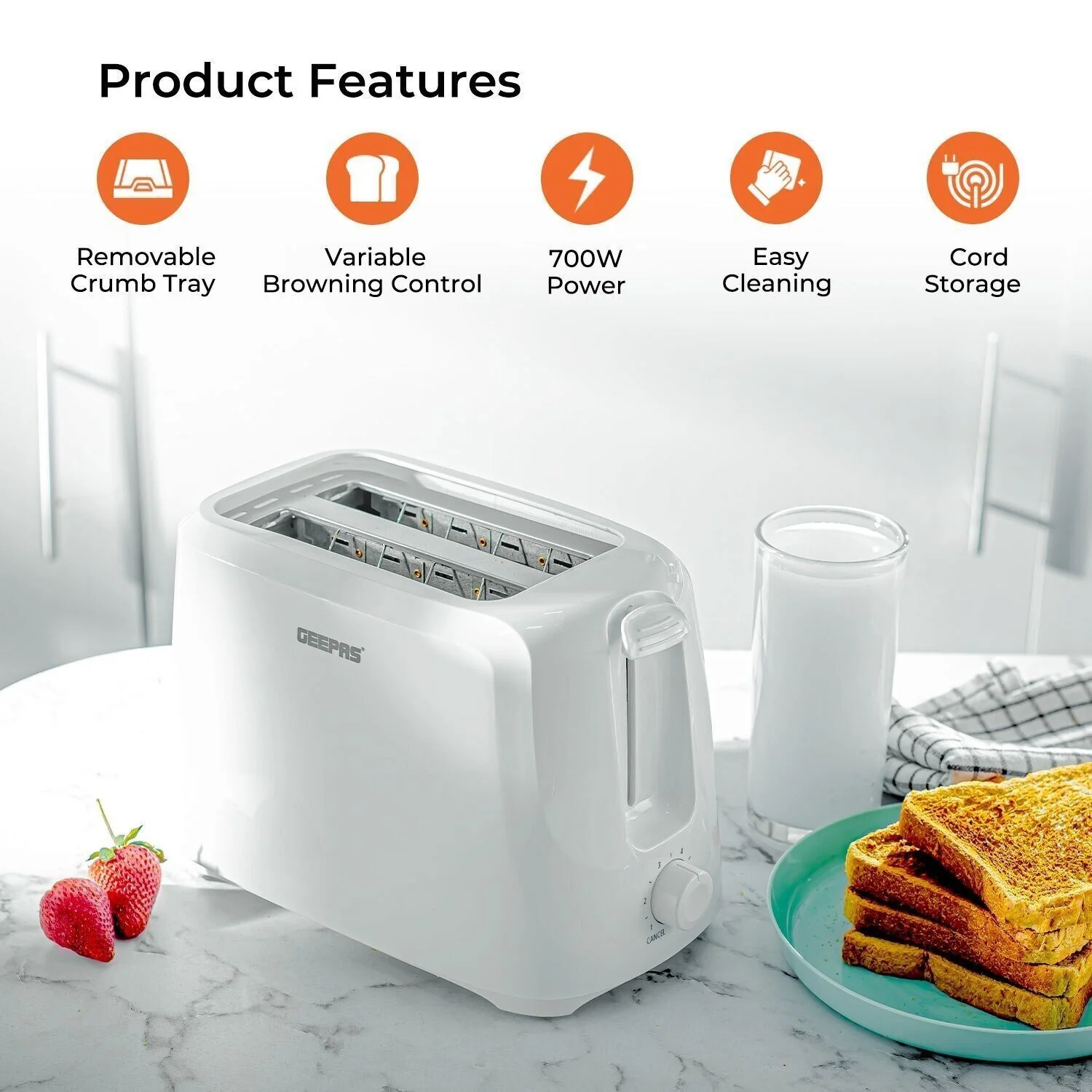 1.8L White Glass Kettle and White Two-Slice Toaster Set - Image 5