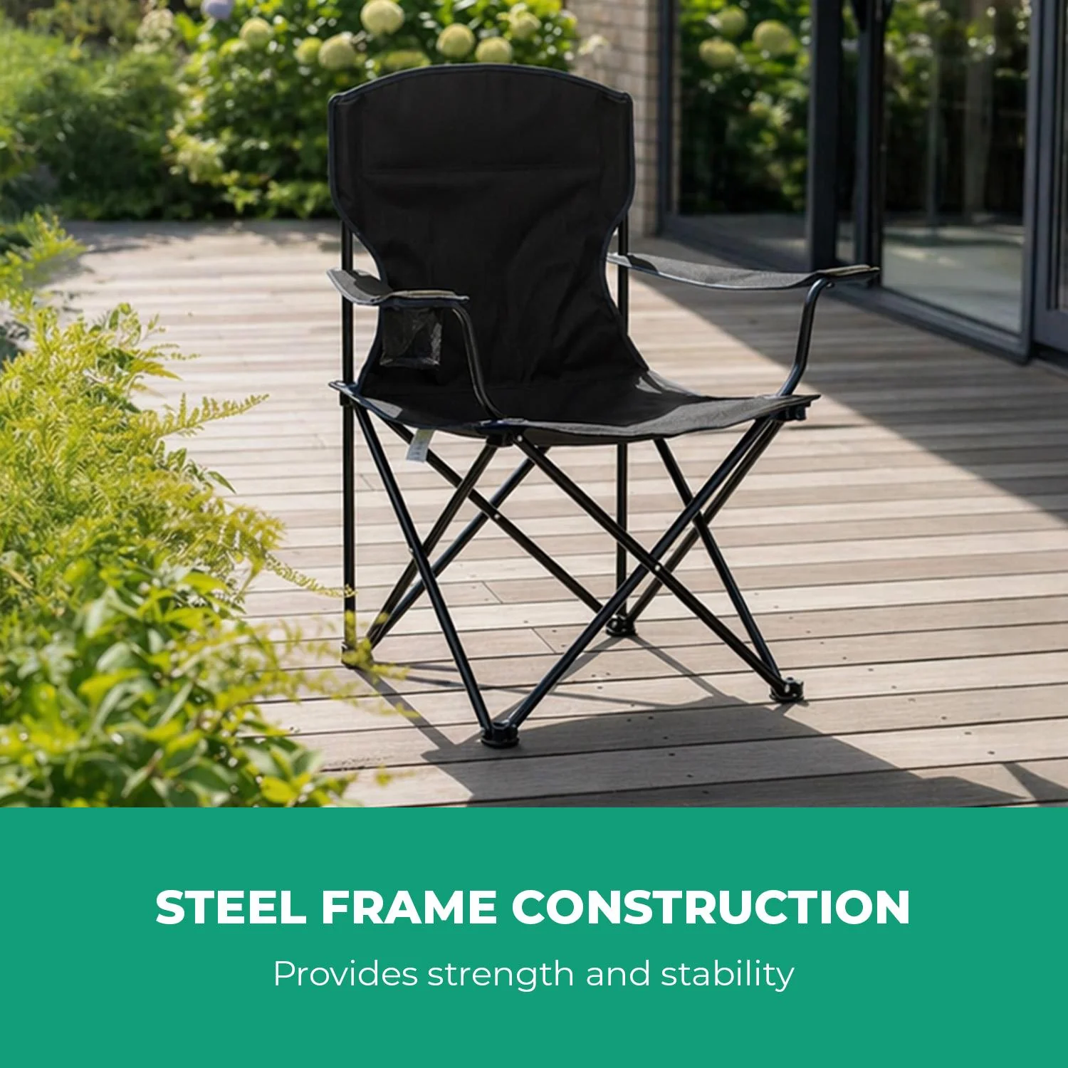 120kg Black Folding Camping Chair With Mesh Cup Holder - Image 4