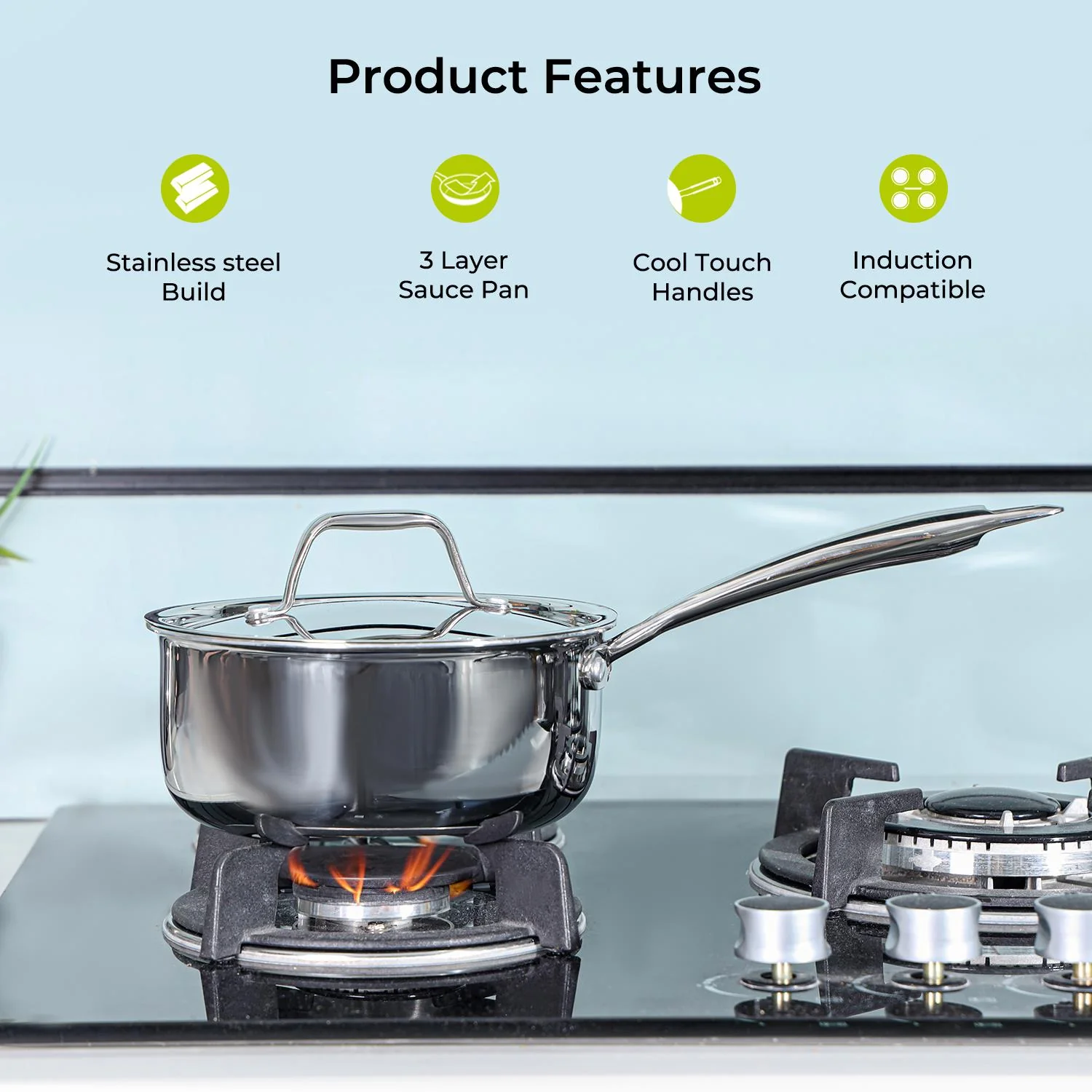 18cm Stainless Steel Triply Milk Pan Saucepan with Lid - Image 4
