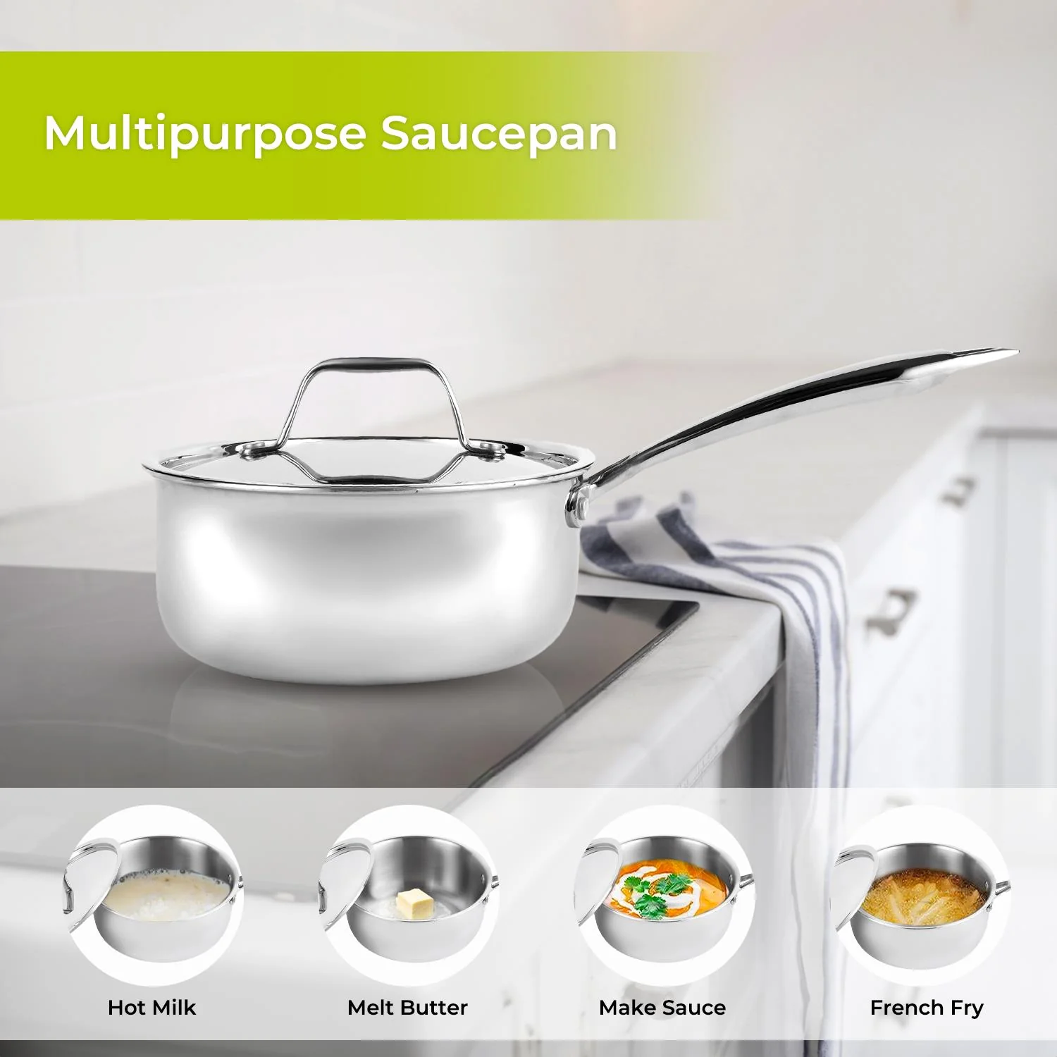 18cm Stainless Steel Triply Milk Pan Saucepan with Lid - Image 5