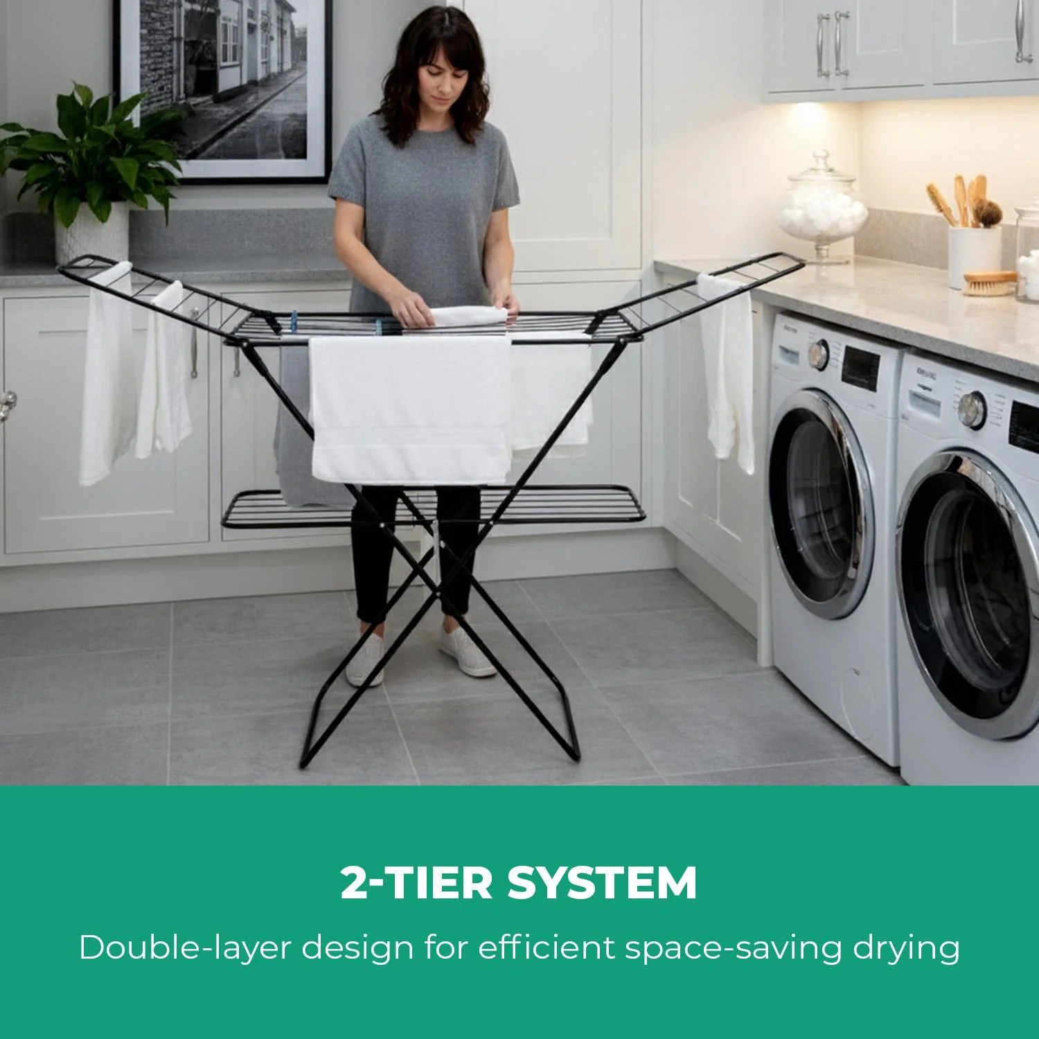 2-Tier Foldable Clothes Airer Laundry Drying Rack Black - Image 6
