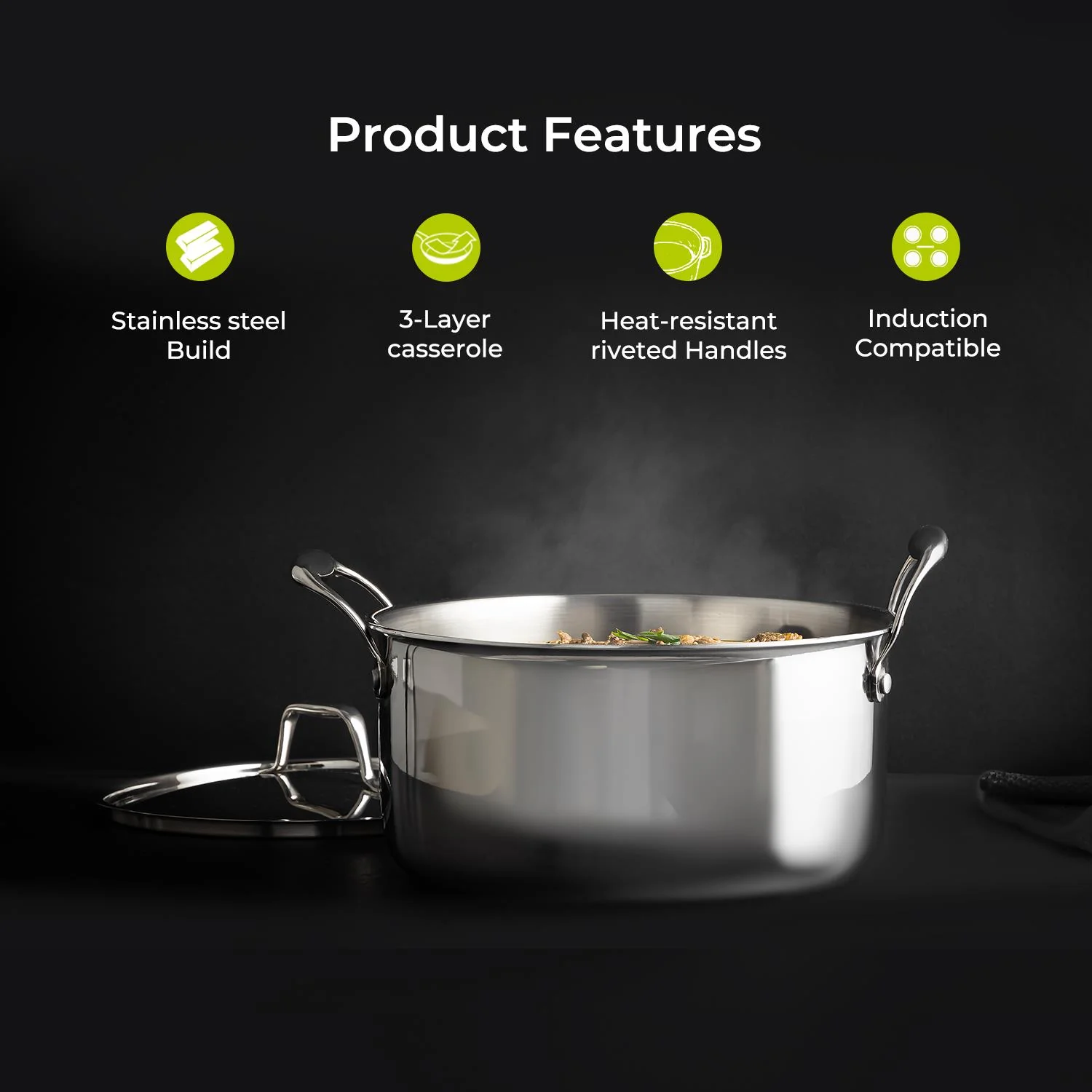 24cm Triply Stainless Steel Casserole Dish With Lid - Image 3