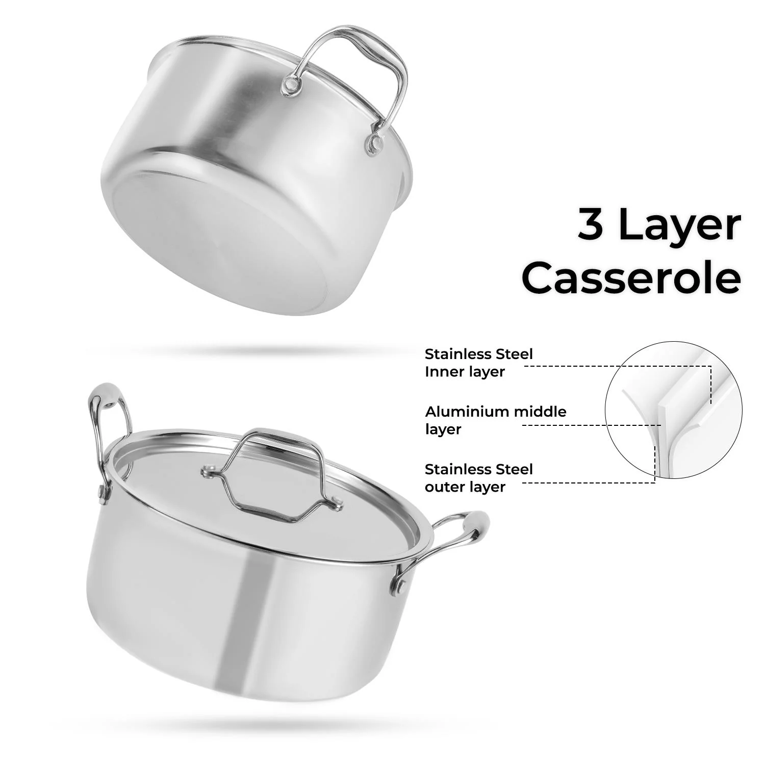 24cm Triply Stainless Steel Casserole Dish With Lid - Image 4