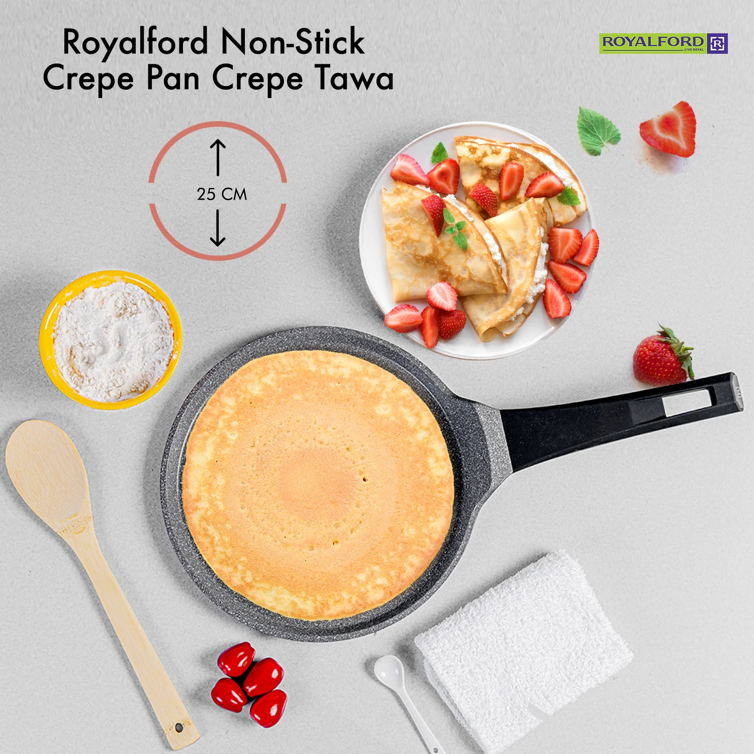 25cm Grey Die-Cast Aluminium Non-Stick Tawa Crepe Pan - Image 6