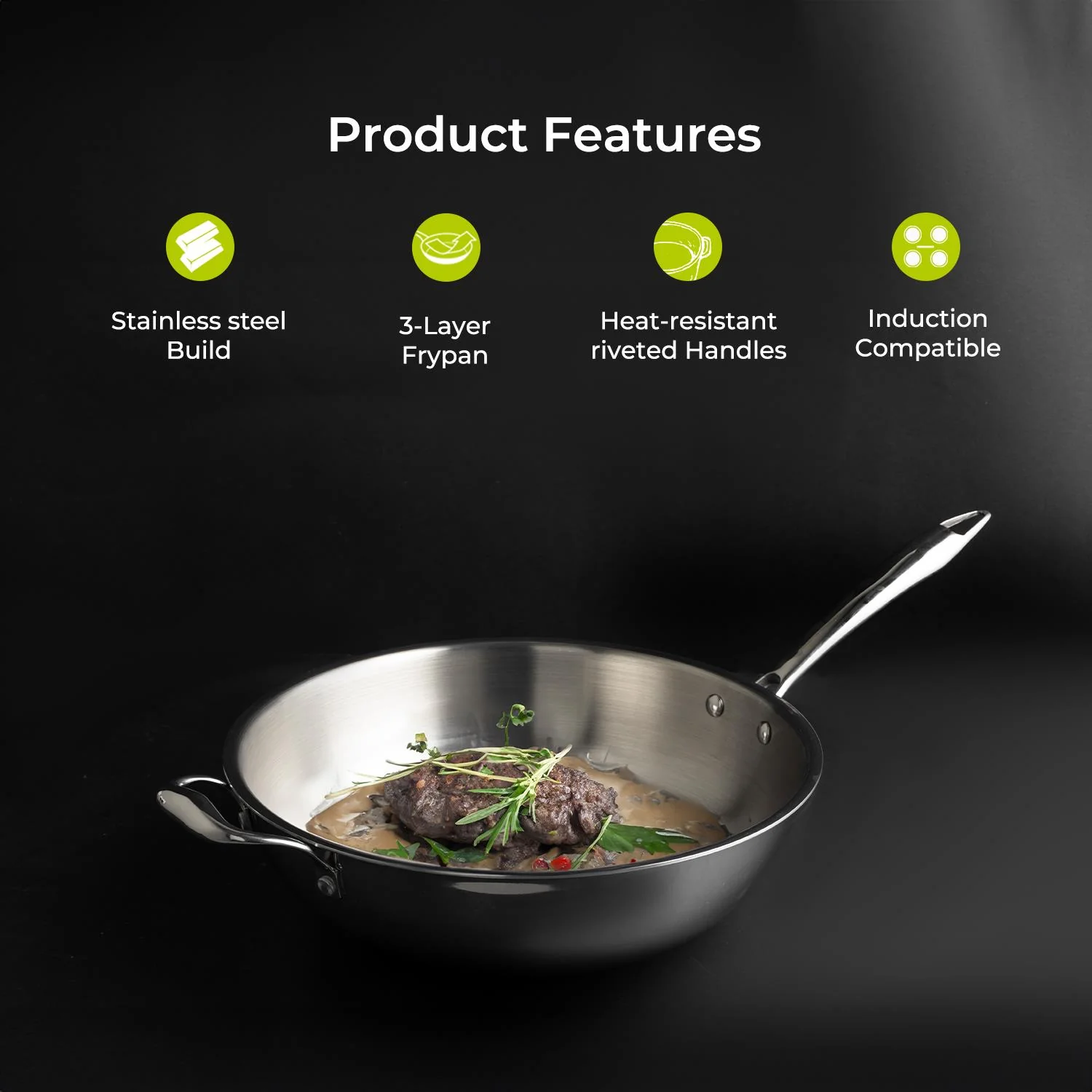 26cm Stainless Steel Tri-Ply Wok Pan With Lid - Image 2