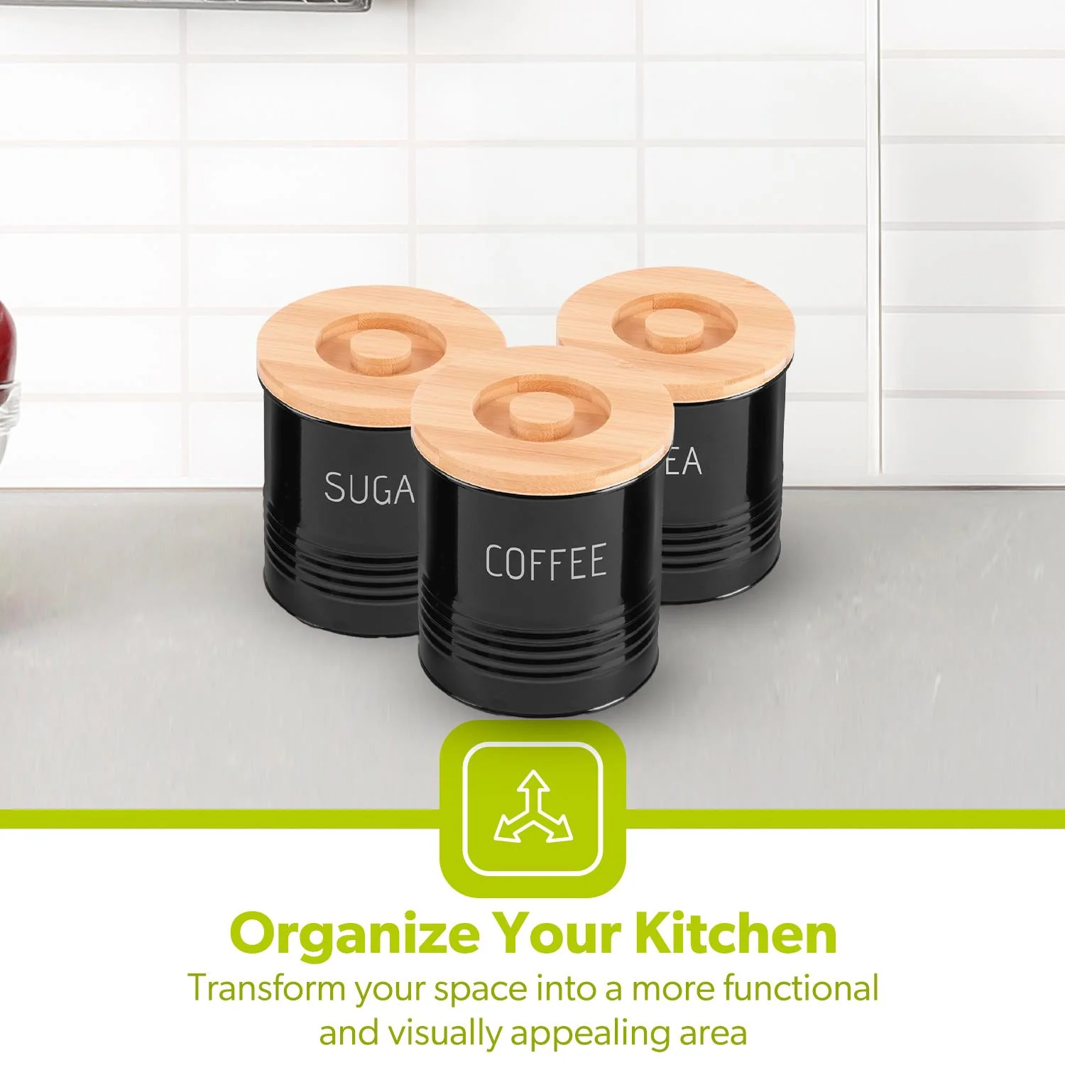 3-Piece Black Tea, Coffee and Sugar Kitchen Storage Canister Jars - Image 3