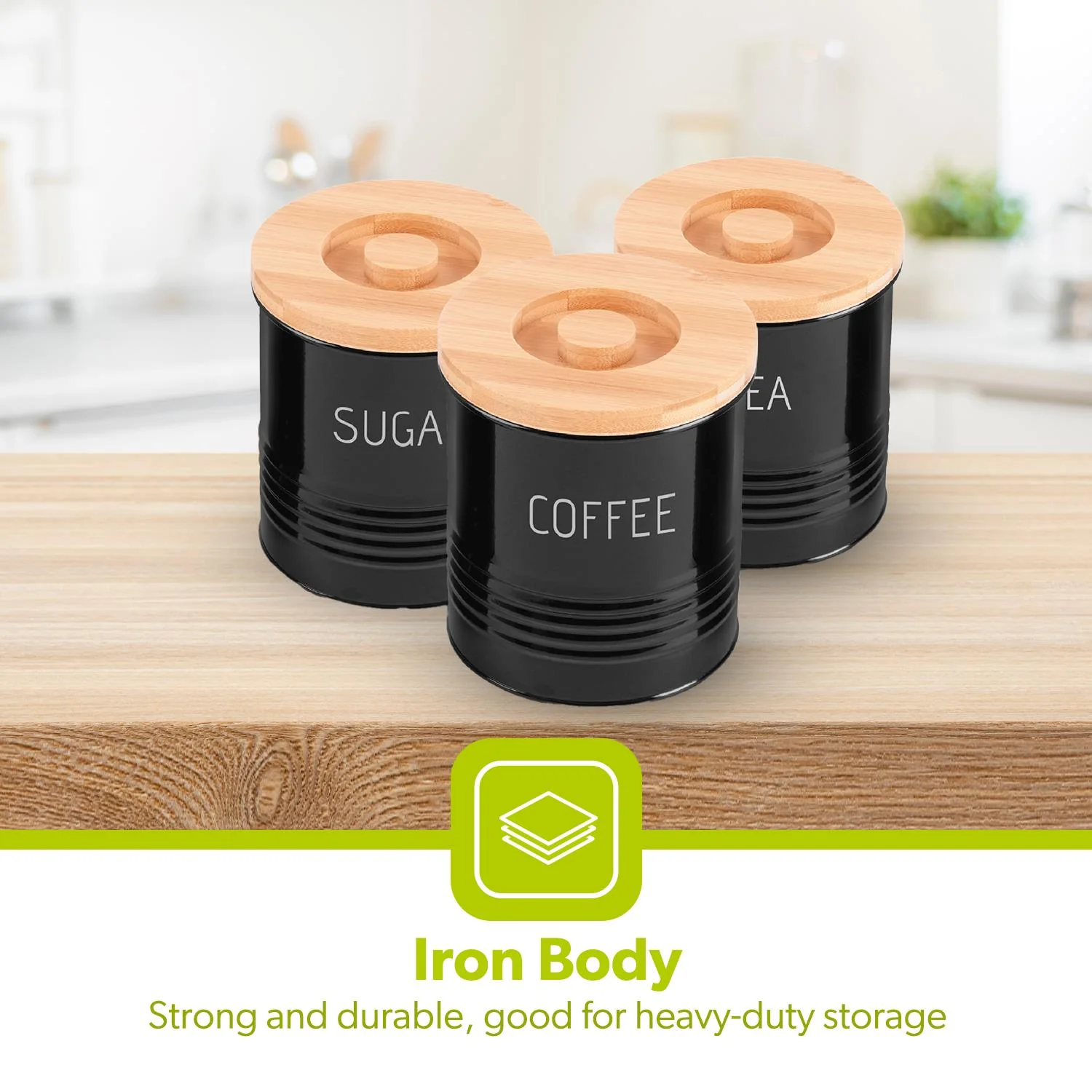 3-Piece Black Tea, Coffee and Sugar Kitchen Storage Canister Jars - Image 7
