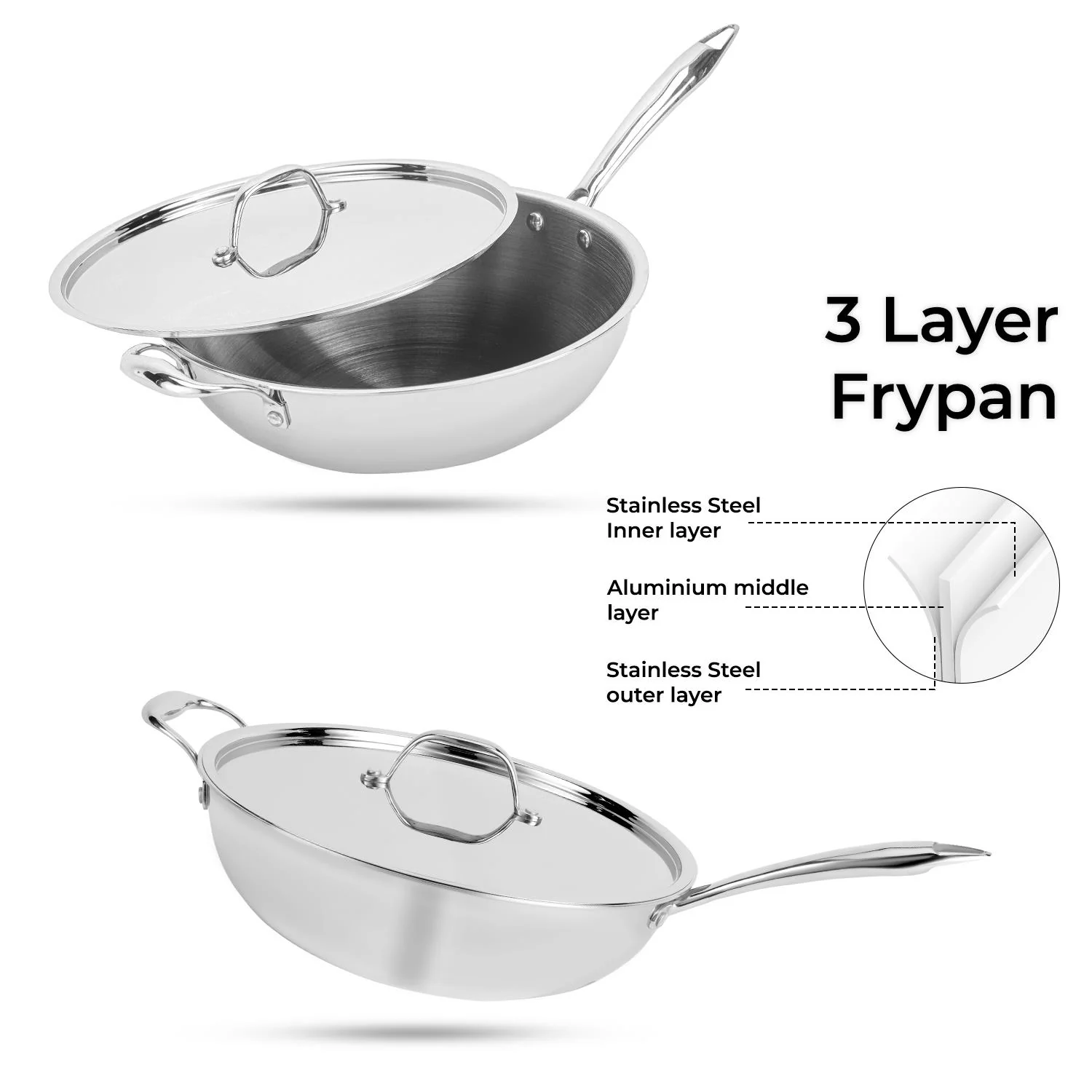 30cm Triply Stainless Steel Wok Pan With Lid - Image 2