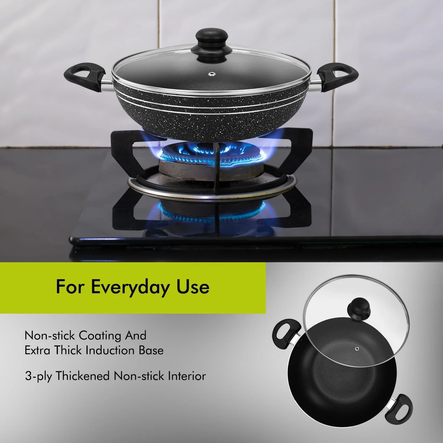 32cm Non-Stick Induction Wok Pan with Glass Lid - Image 3