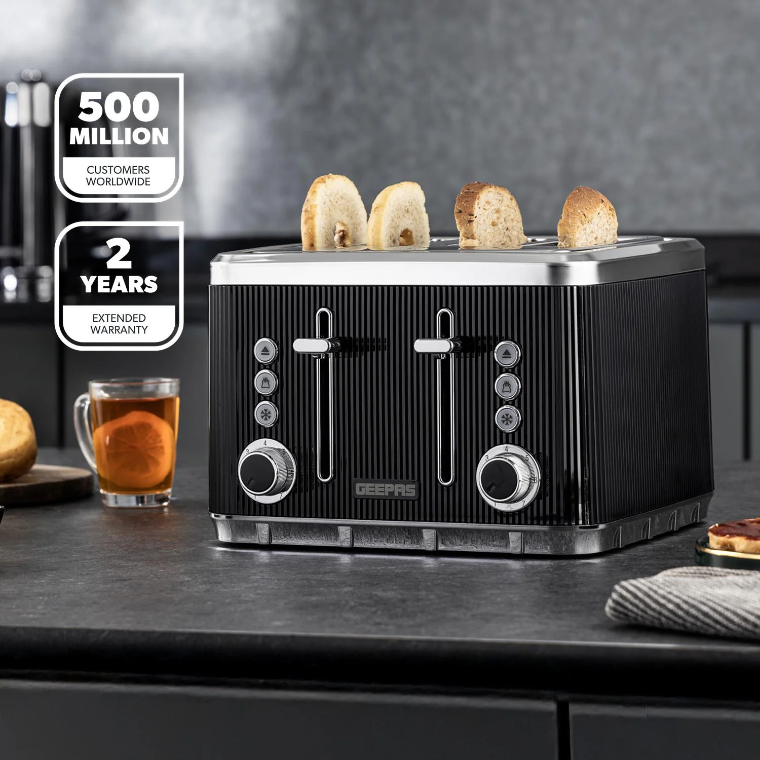 4 Slice Toaster 7 Browning, Defrost, Reheat Function 1860W Arcus Black - Image 2