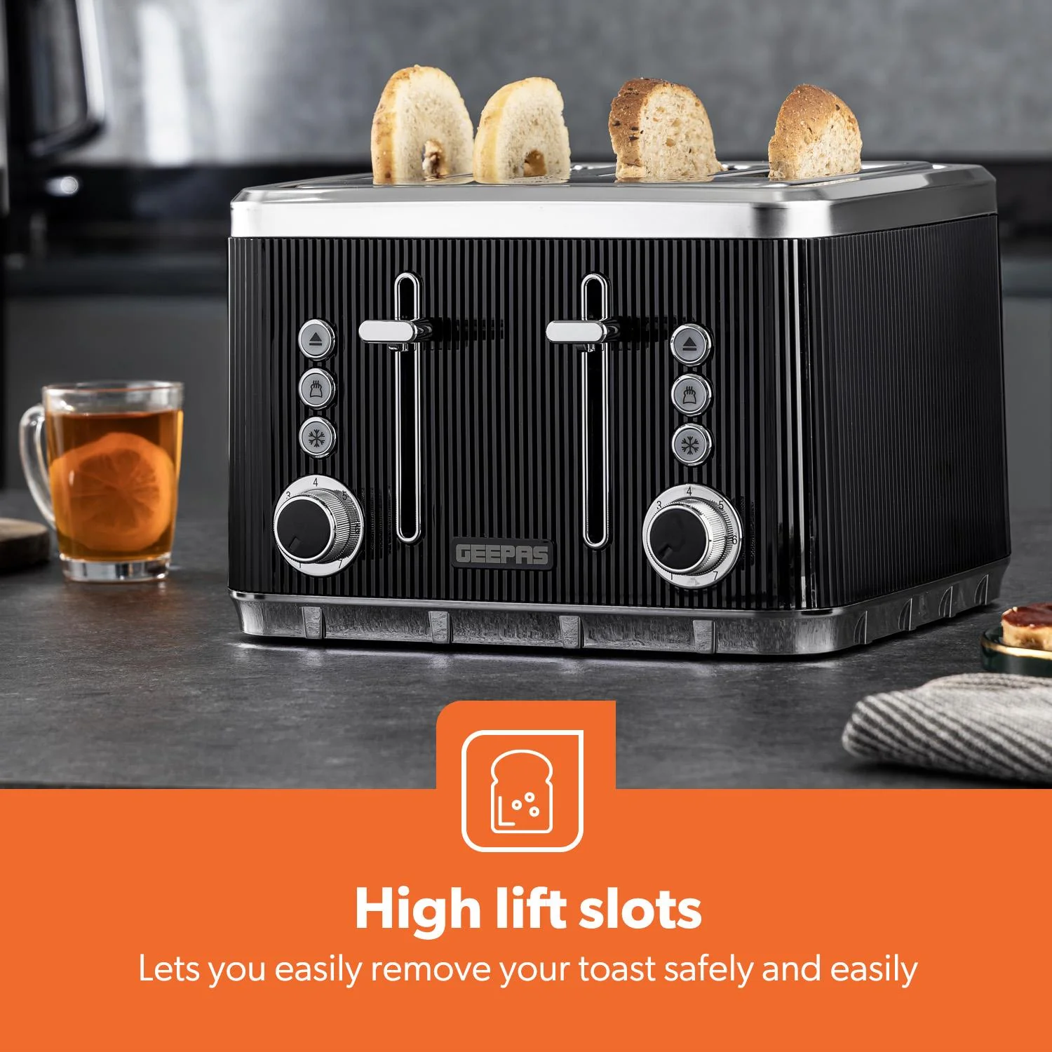 4 Slice Toaster 7 Browning, Defrost, Reheat Function 1860W Arcus Black - Image 4
