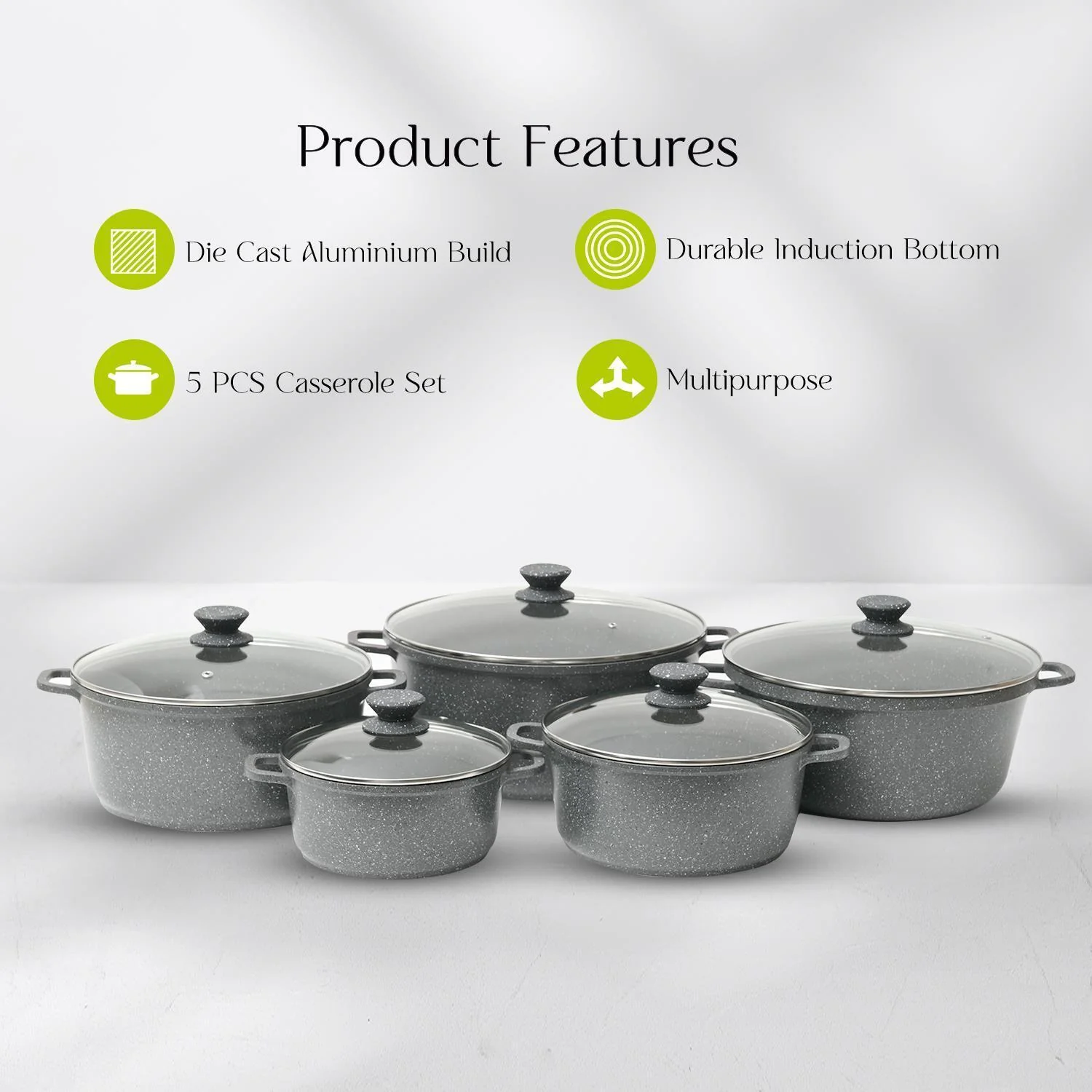 5-Piece Grey Die-Cast Casserole Cookware Set - Image 2