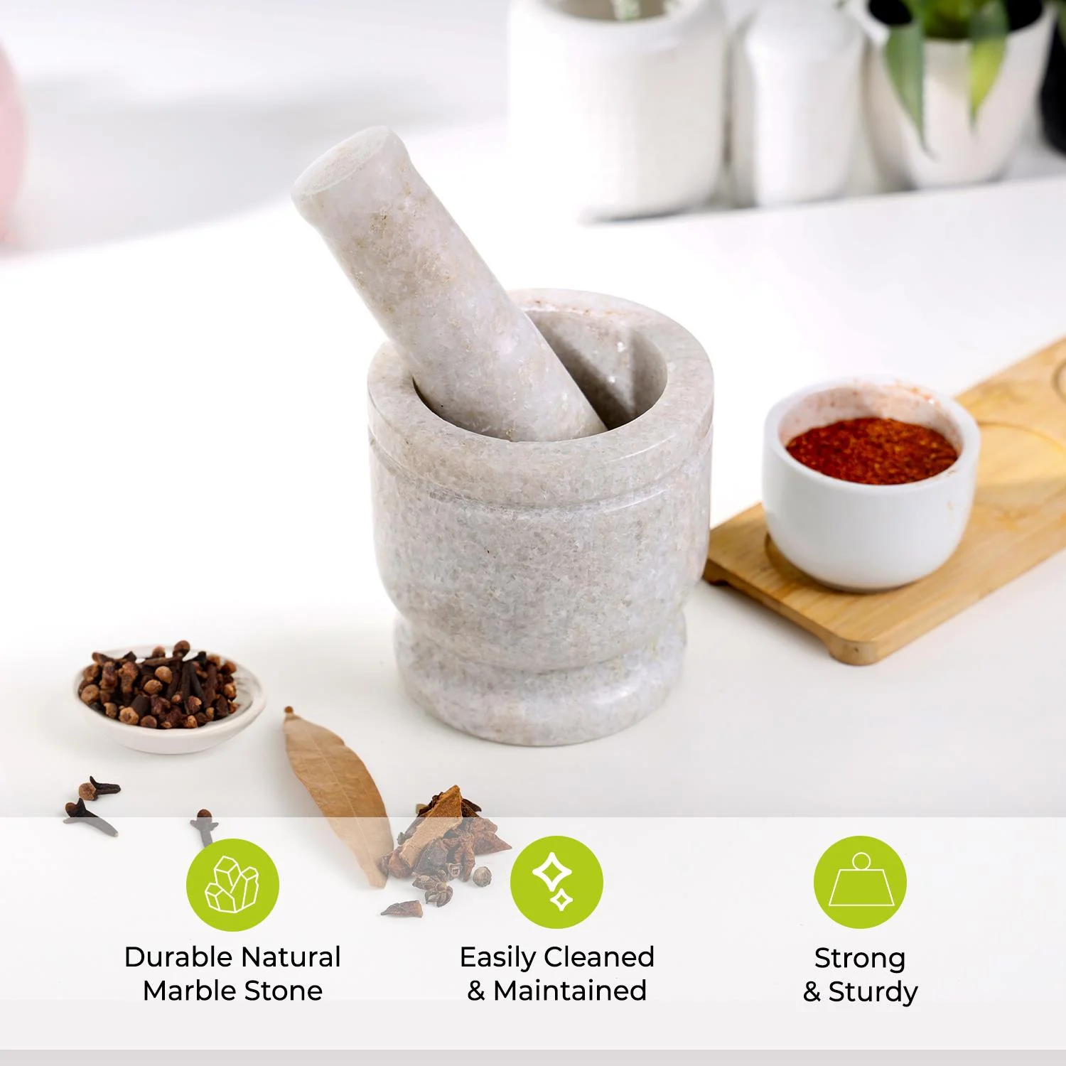 6" White Marble Pestle & Mortar Grinder Set - Image 2