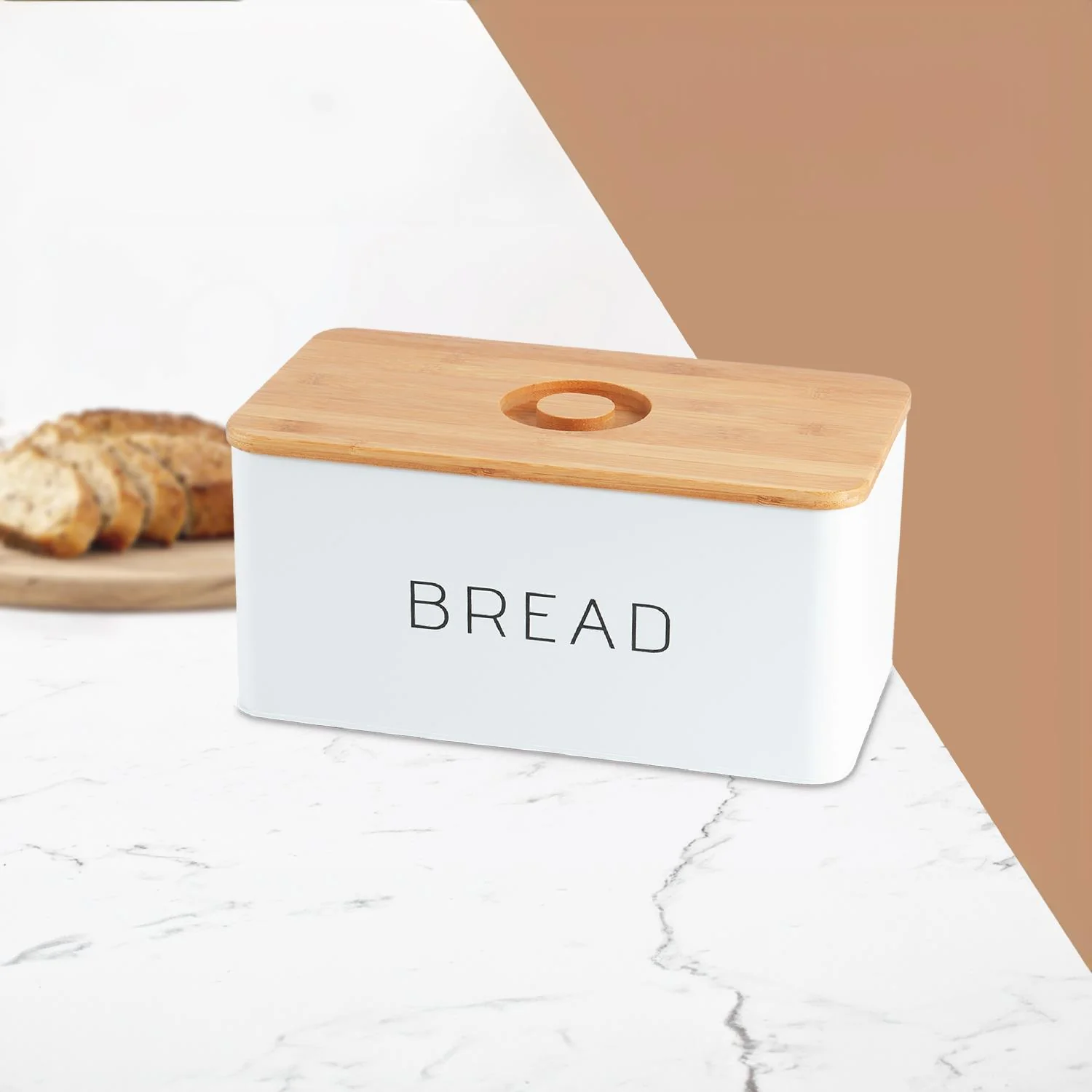 7.6L White Metal Bread Bin With Wooden Chopping Board - Image 4