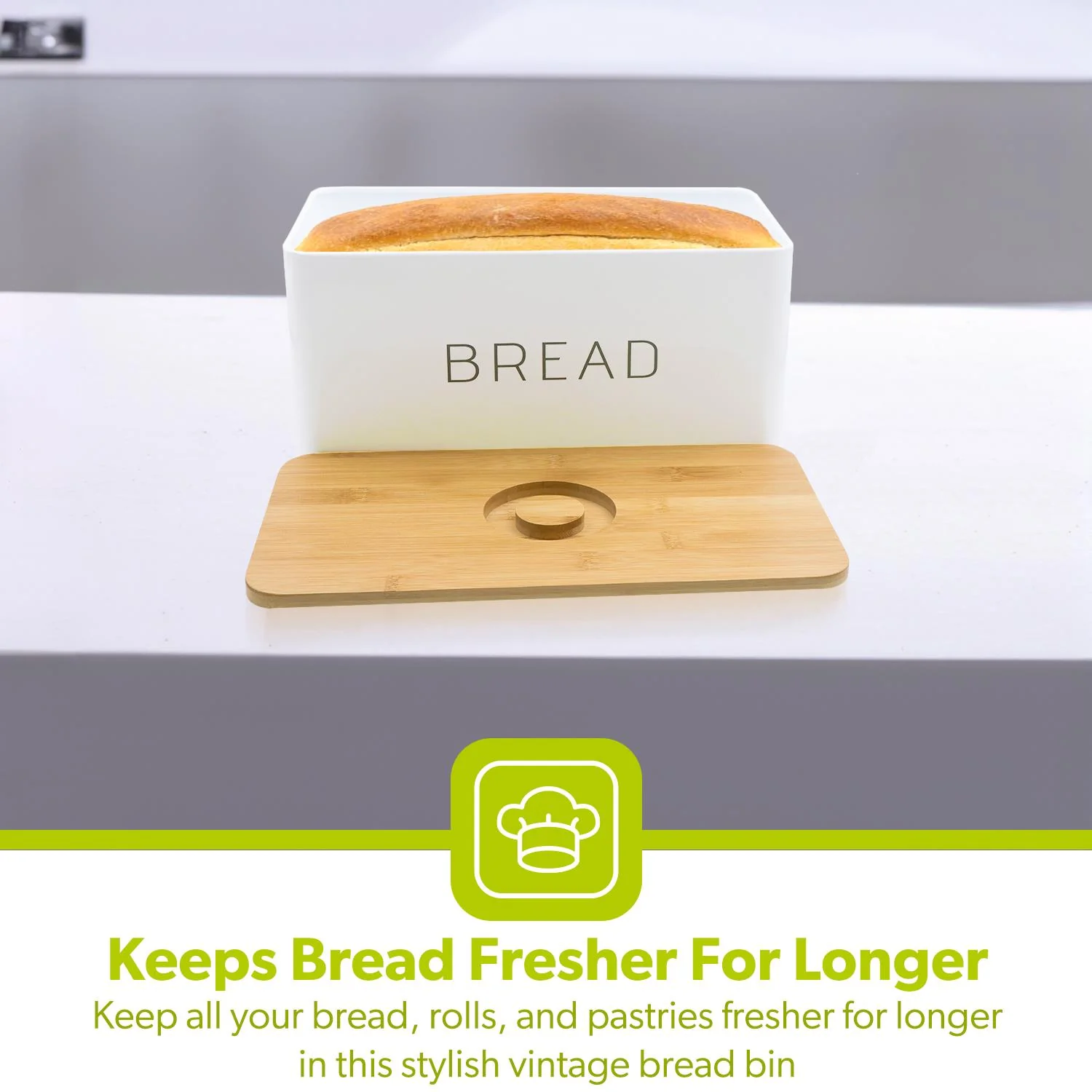 7.6L White Metal Bread Bin With Wooden Chopping Board - Image 7