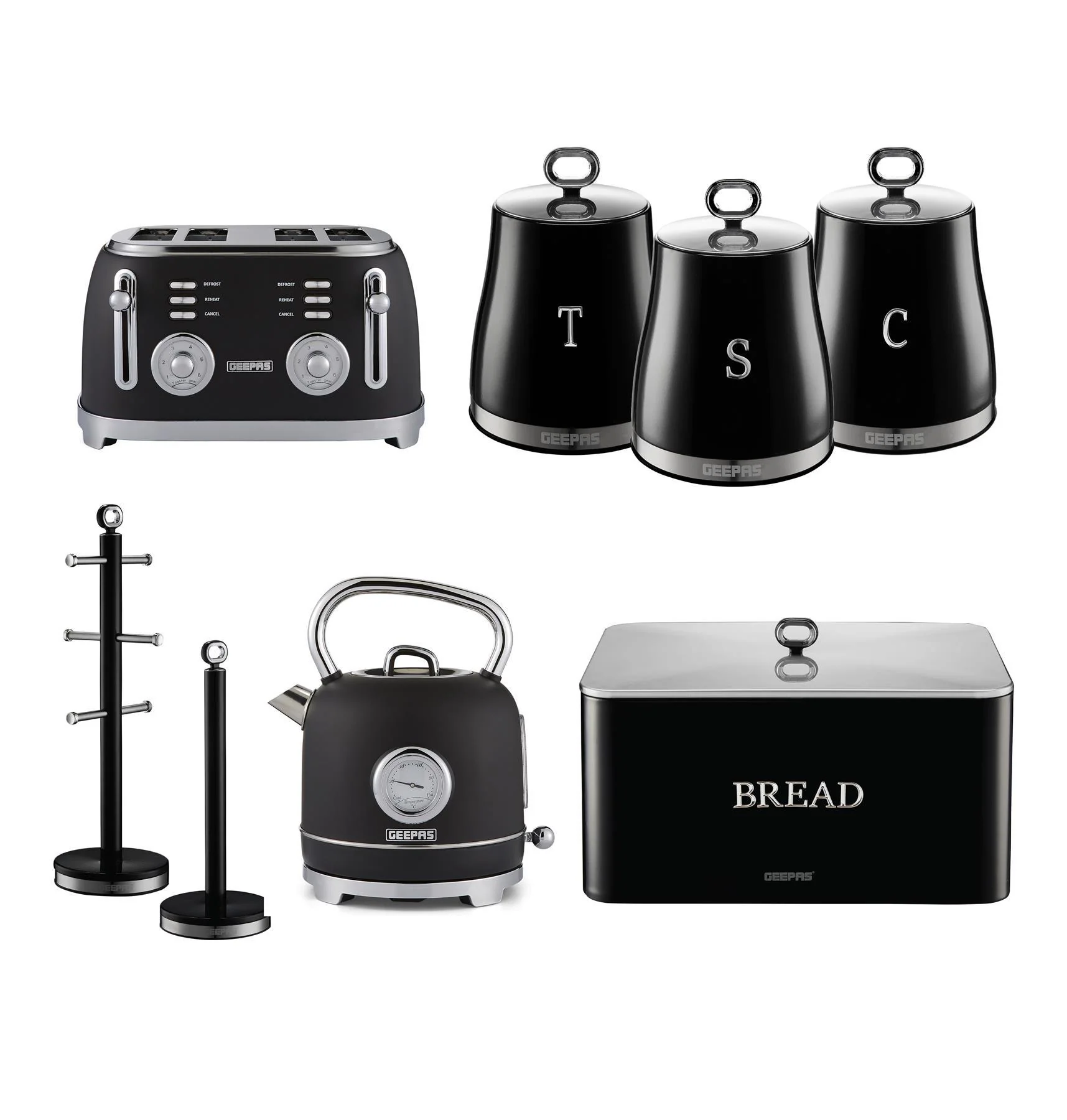 Black Kettle, Toaster, Storage Canister, Bread Bins Kitchen Set