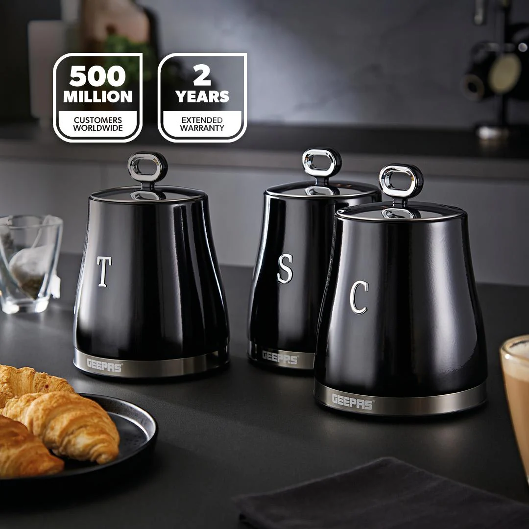 Black Kettle, Toaster, Storage Canister, Bread Bins Kitchen Set - Image 2