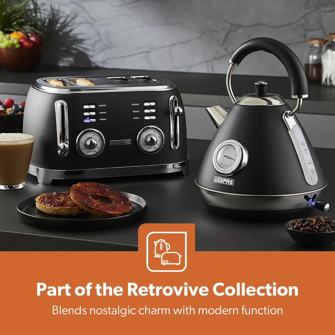 Black Retrovive Kettle, 4-Slice Toaster, 3 Canister Set, Bread Bin Mug Tree & Towel Pole - Image 4