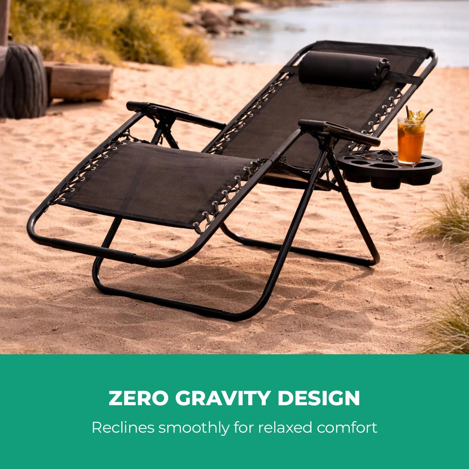Black Zero Gravity Reclining Lounger With Cup Holder And Pillow - Image 6