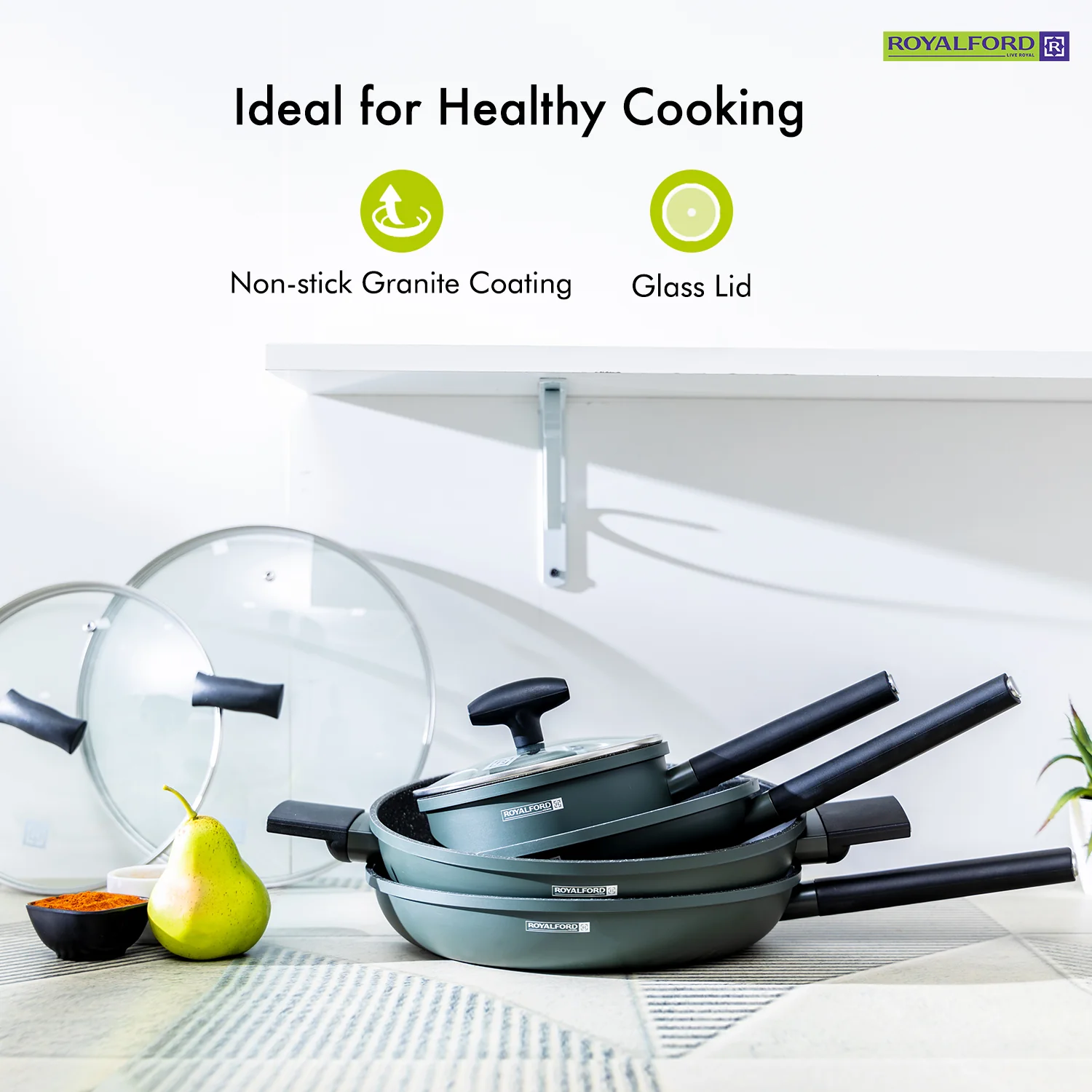 Four-Piece Non-Stick Grey Granite Cookware Set - Image 3