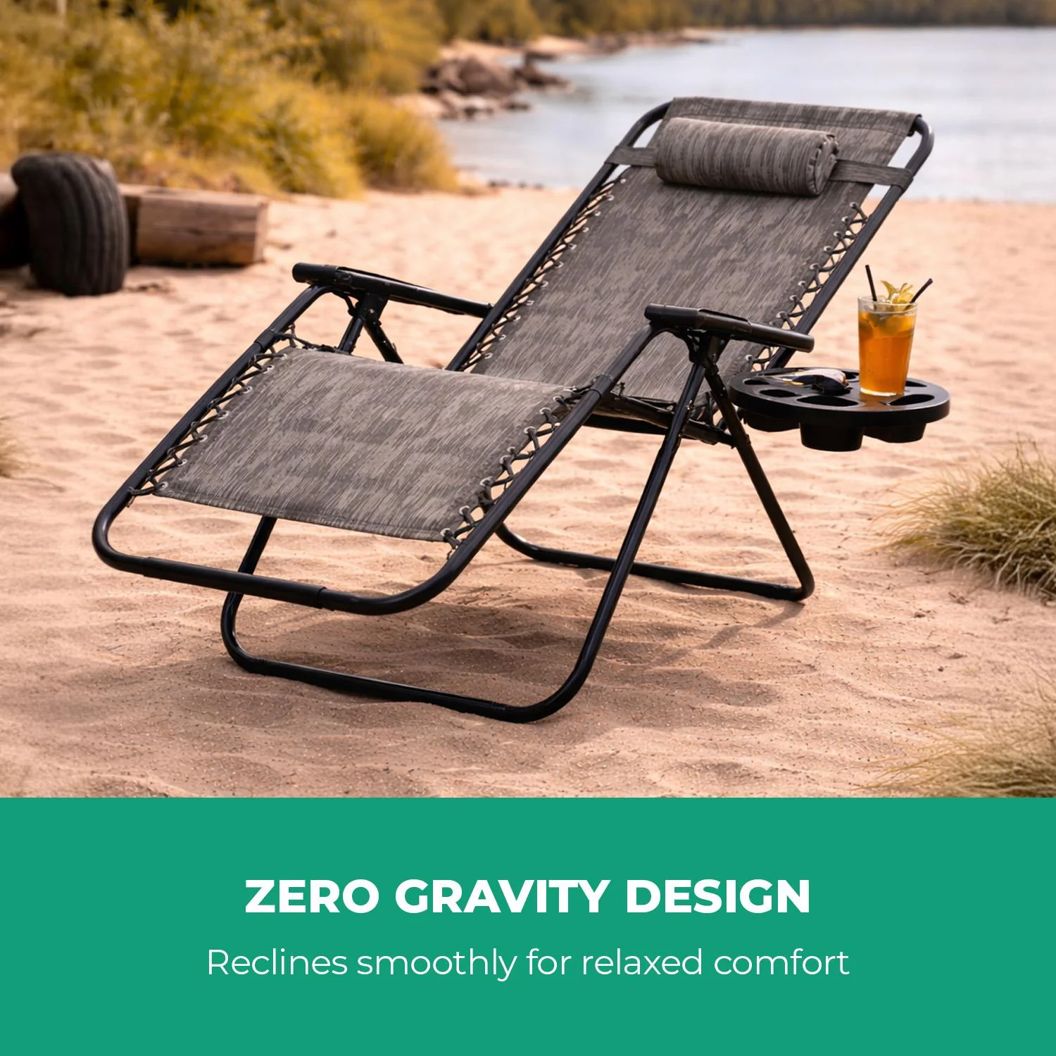Grey Zero Gravity Reclining Lounger Chair With Headrest and Cup Holder - Image 4