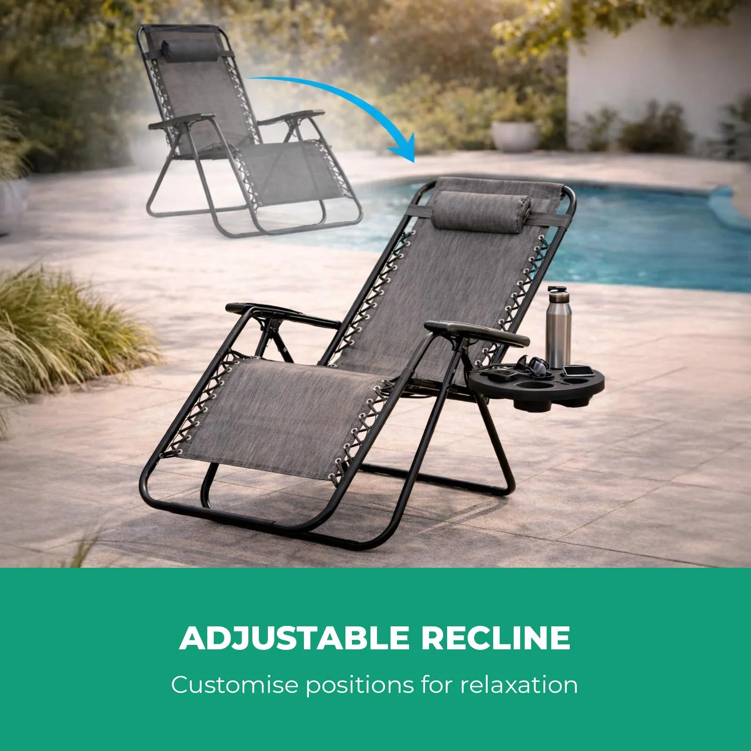 Grey Zero Gravity Reclining Lounger Chair With Headrest and Cup Holder - Image 7