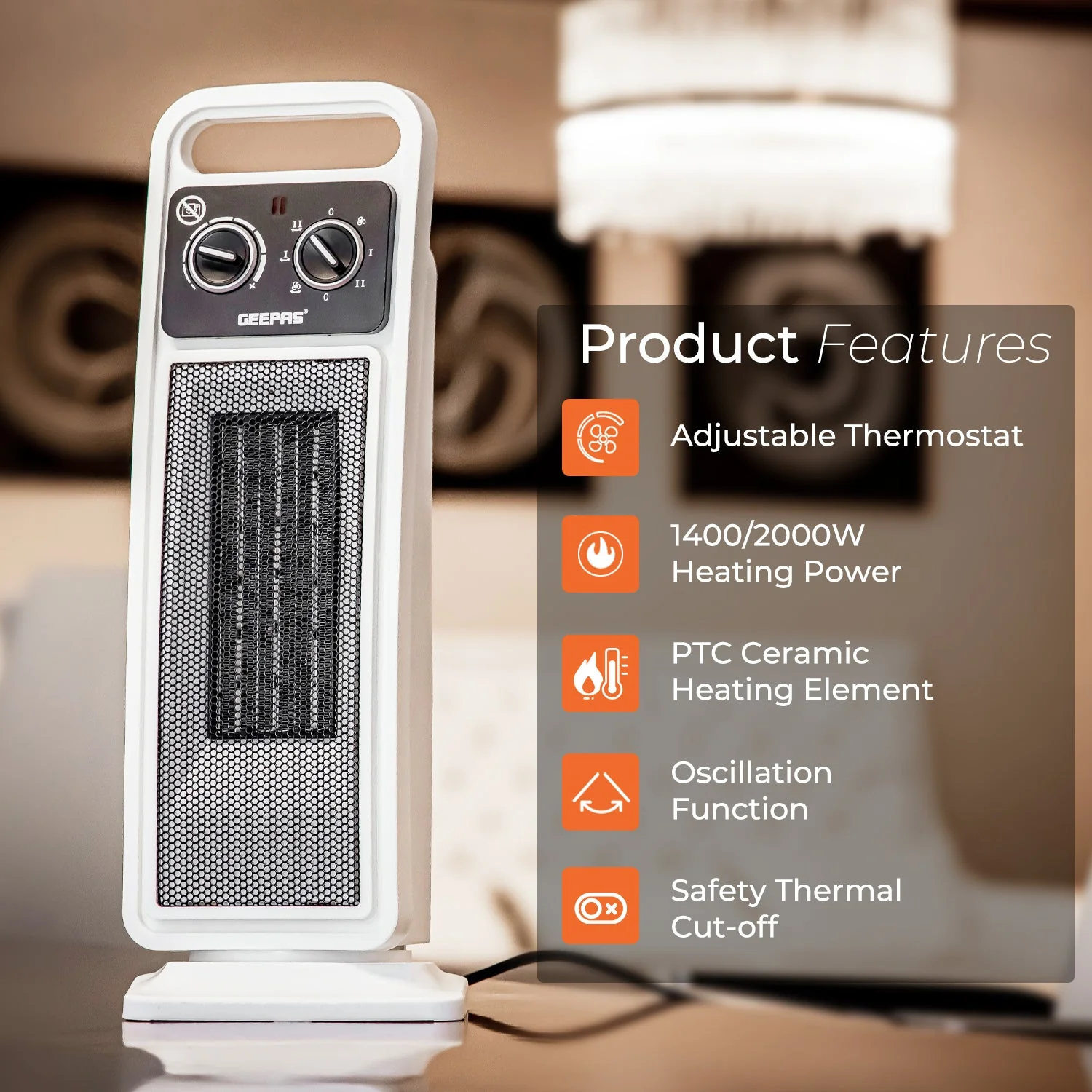 2000W Premium Oscillating Ceramic PTC Tower Heater - Image 2
