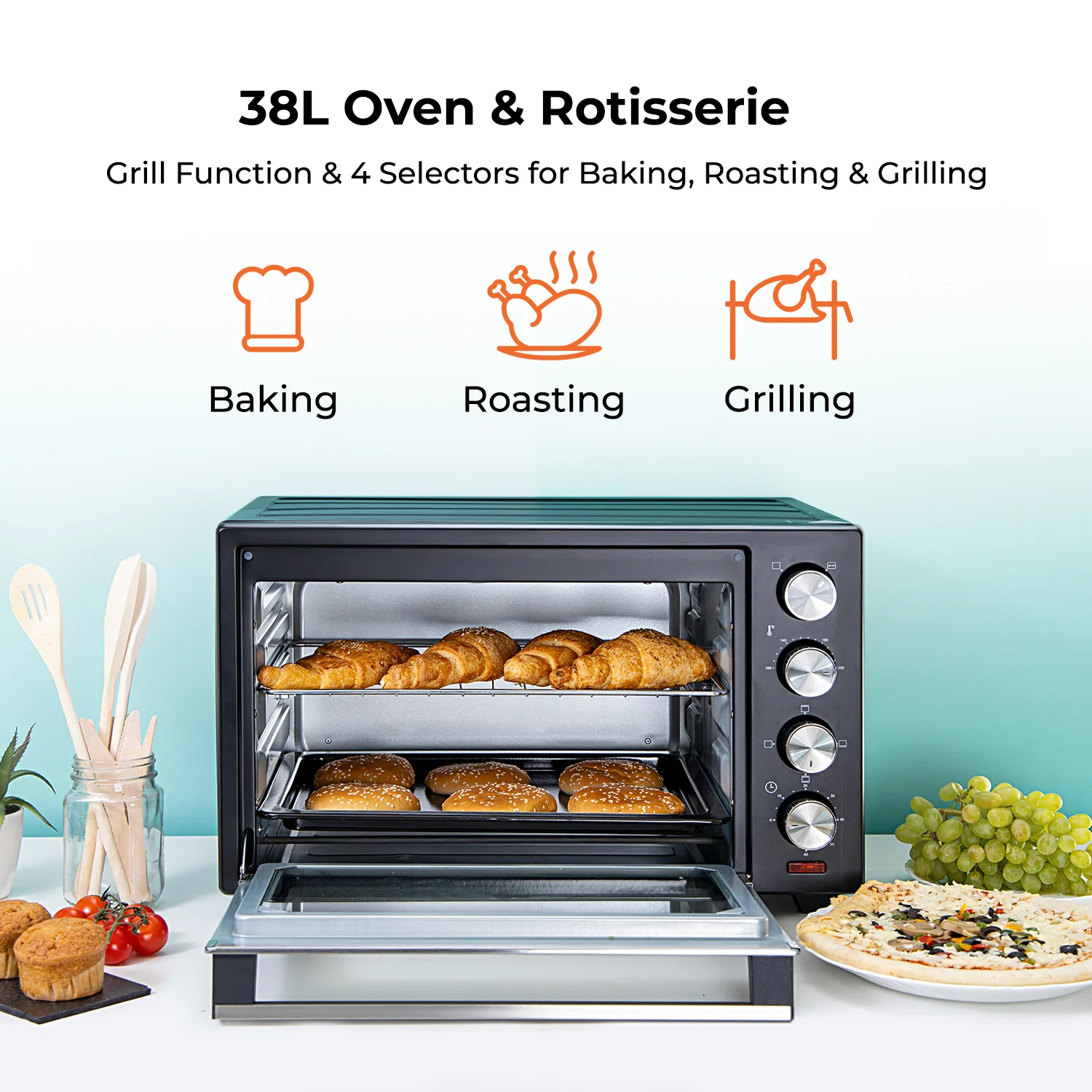 38L Fast-Bake Electric Rotisserie Mini Oven and Grill Cooker - Image 3