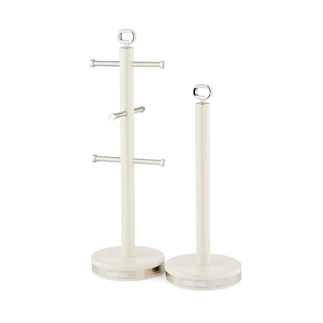 Retrovive Cream Mug Tree and Towel Pol Kitchen Counter Set
